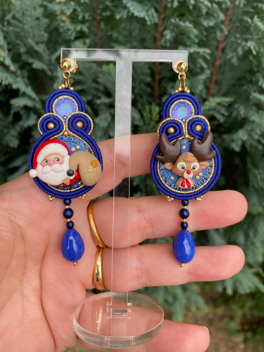 Orecchini medi Babbo Natale con sacca e Rudolph Blu