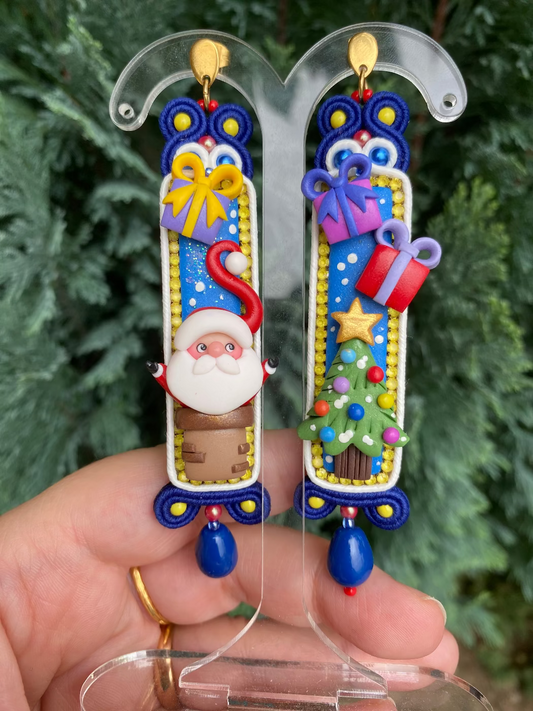 Orecchini rettangolari Babbo Natale e Albero