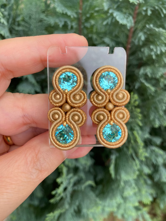 Orecchini doppio Swarovski toni oro e azzurro acqua