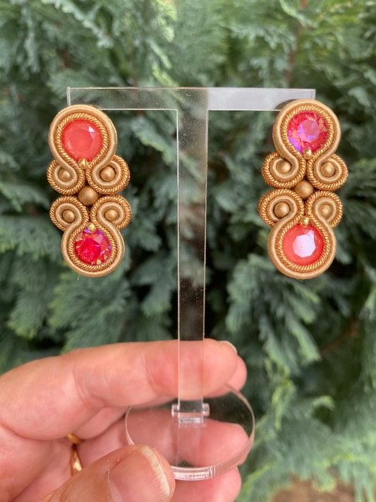 Orecchini doppio Swarovski toni oro , arancio e corallo
