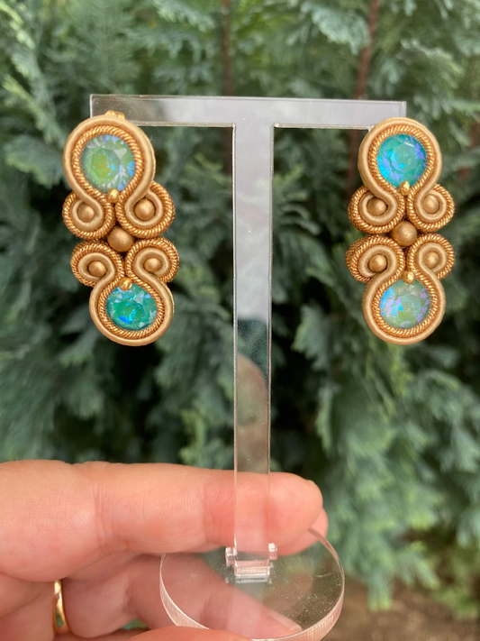 Orecchini doppio Swarovski toni oro e verde acqua